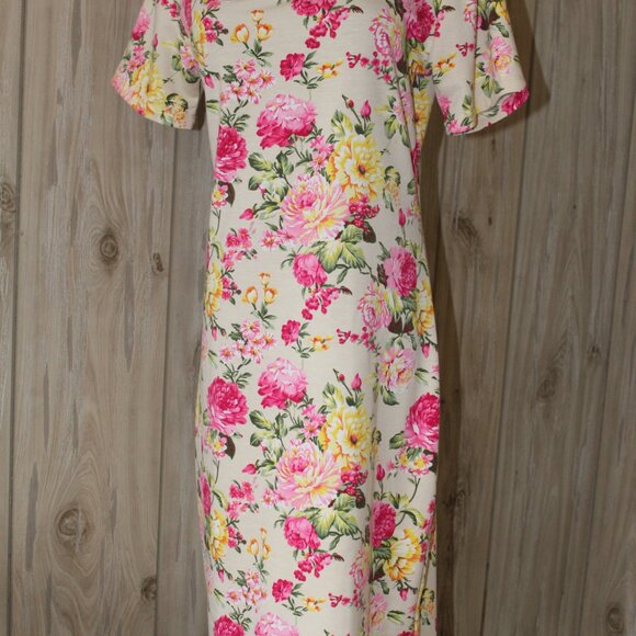Tom's Ware Dress Casual Floral Print Pink Green New Bodycon Midi L Large EUC - Picture 2 of 11